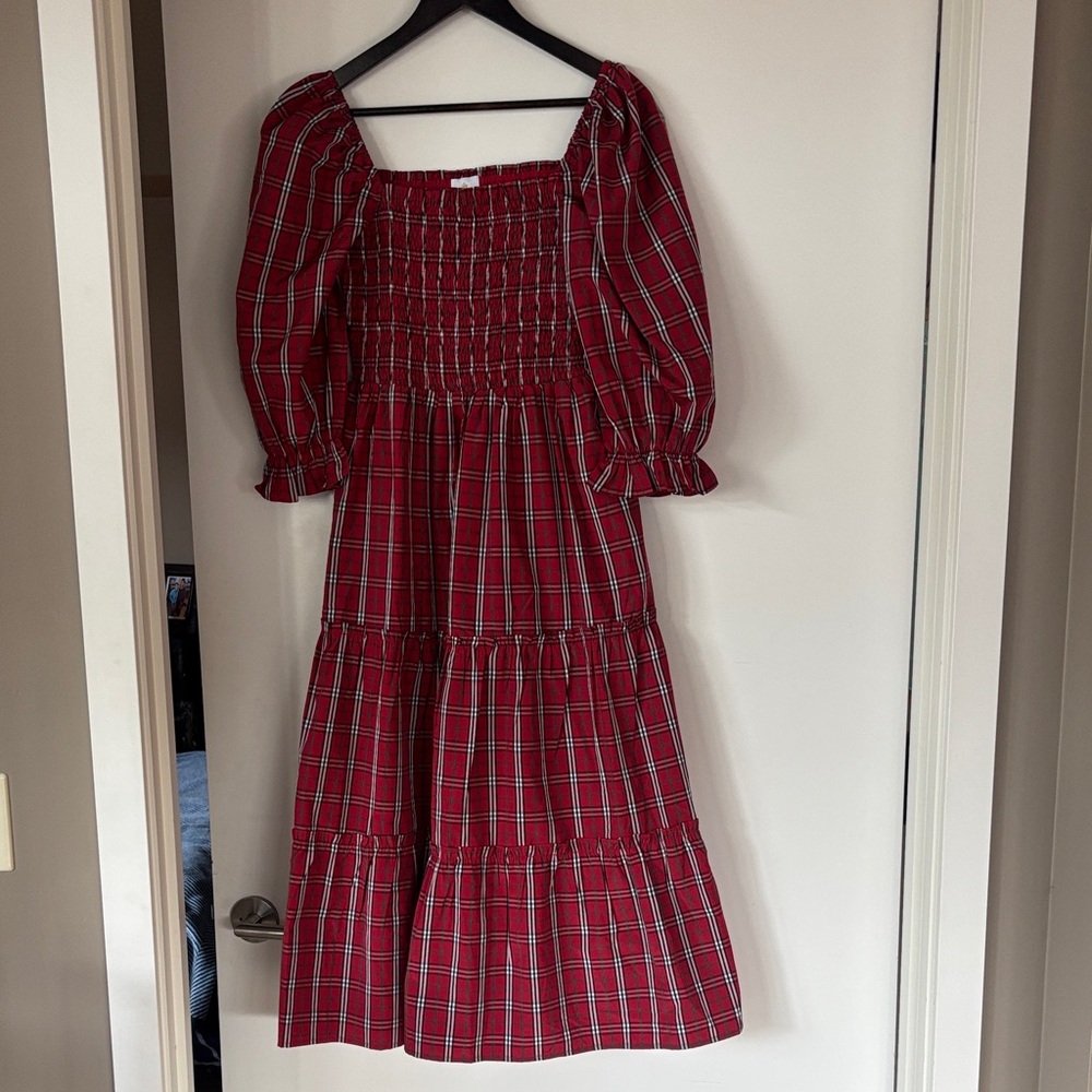 Red Plaid Smocked Maxi Dress with Puff Sleeves